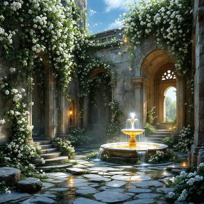 Primary subject: A beautiful garden with a fountain, surrounded by a stone walkway and a stone wall.

Setting/background: The garden is located in front of a large building, possibly a castle, with a stone wall and a stone walkway.

Visual style: The image is a digital artwork, featuring a detailed and intricate garden scene.

Colors and mood: The garden is filled with white flowers, creating a serene and peaceful atmosphere. The overall mood of the image is calm